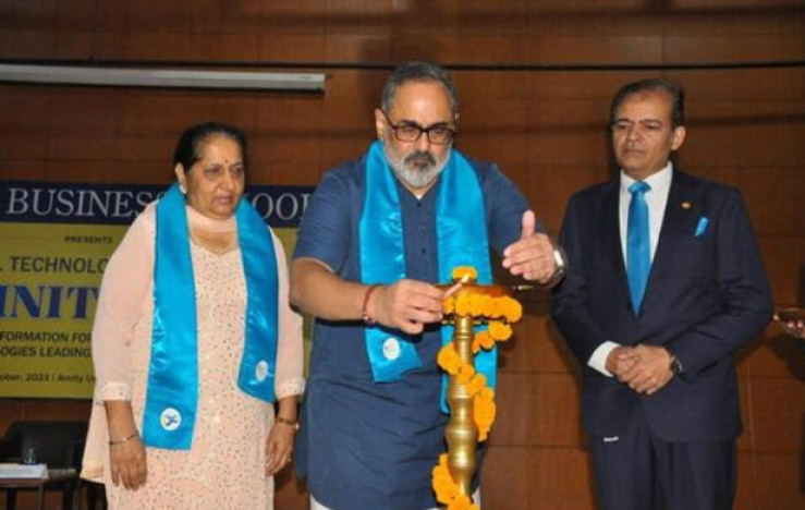 Union Minister Rajeev Chandrasekhar speaking at Amity Business School Technology Conference