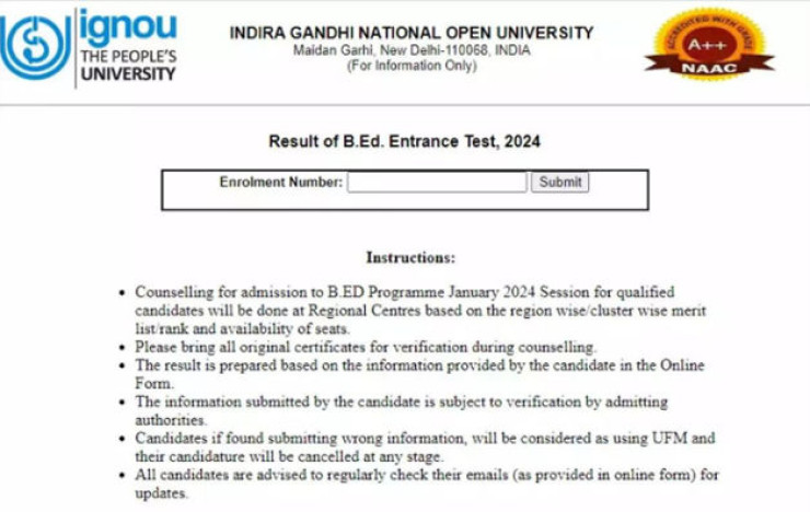 IGNOU BEd 2024 Admission Test Results Announced, Check Now!