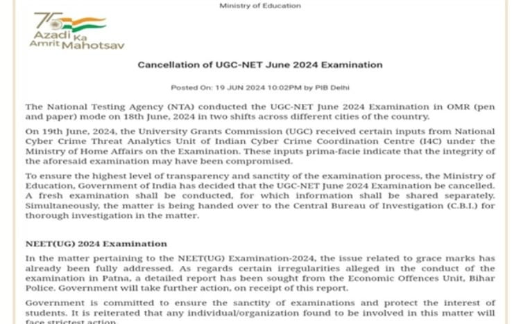 UGC-NET June 2024 Examination Cancelled